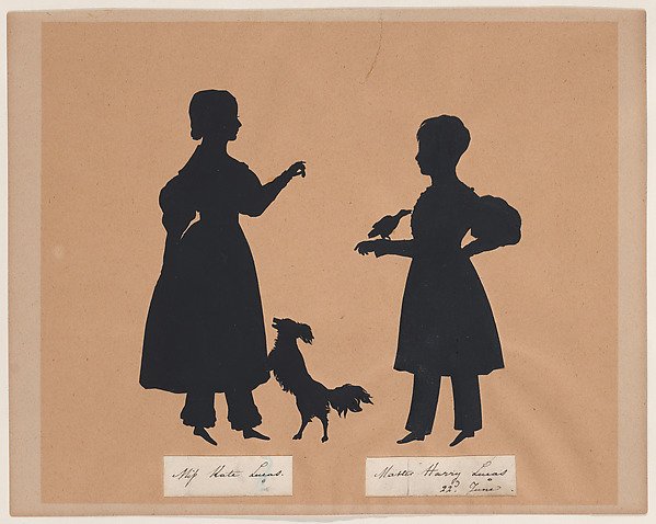 Kate and Harry Lucas, playing with a dog and a bird by Auguste Edouart
