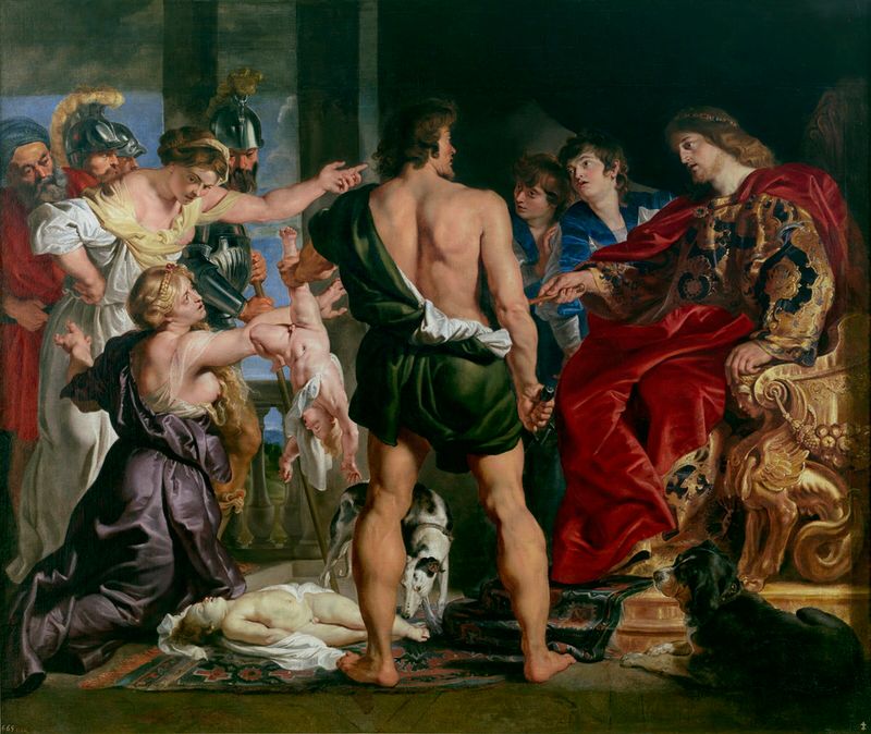 The judgement of Solomon: Solomon gives verdict; he commands a soldier to divide the living child in two; the true mother objects to Solomon's verdict (1 Kings 3:25-27)