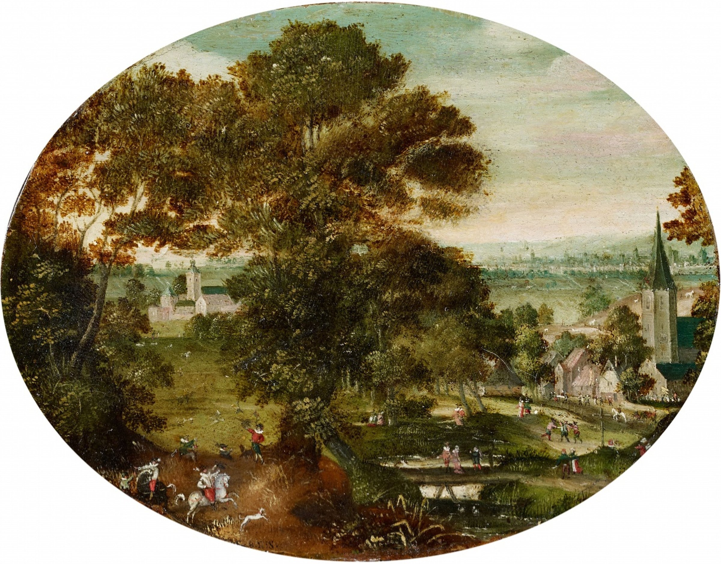Village landscape with hunters by Jacob Savery