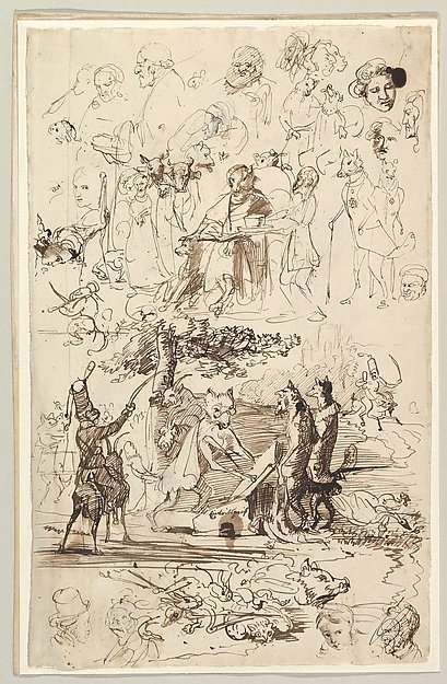 Sheet of Studies, Including for Reineke Fuchs; verso: Studies of Soldiers and of a Battle in a Wood by Wilhelm von Kaulbach