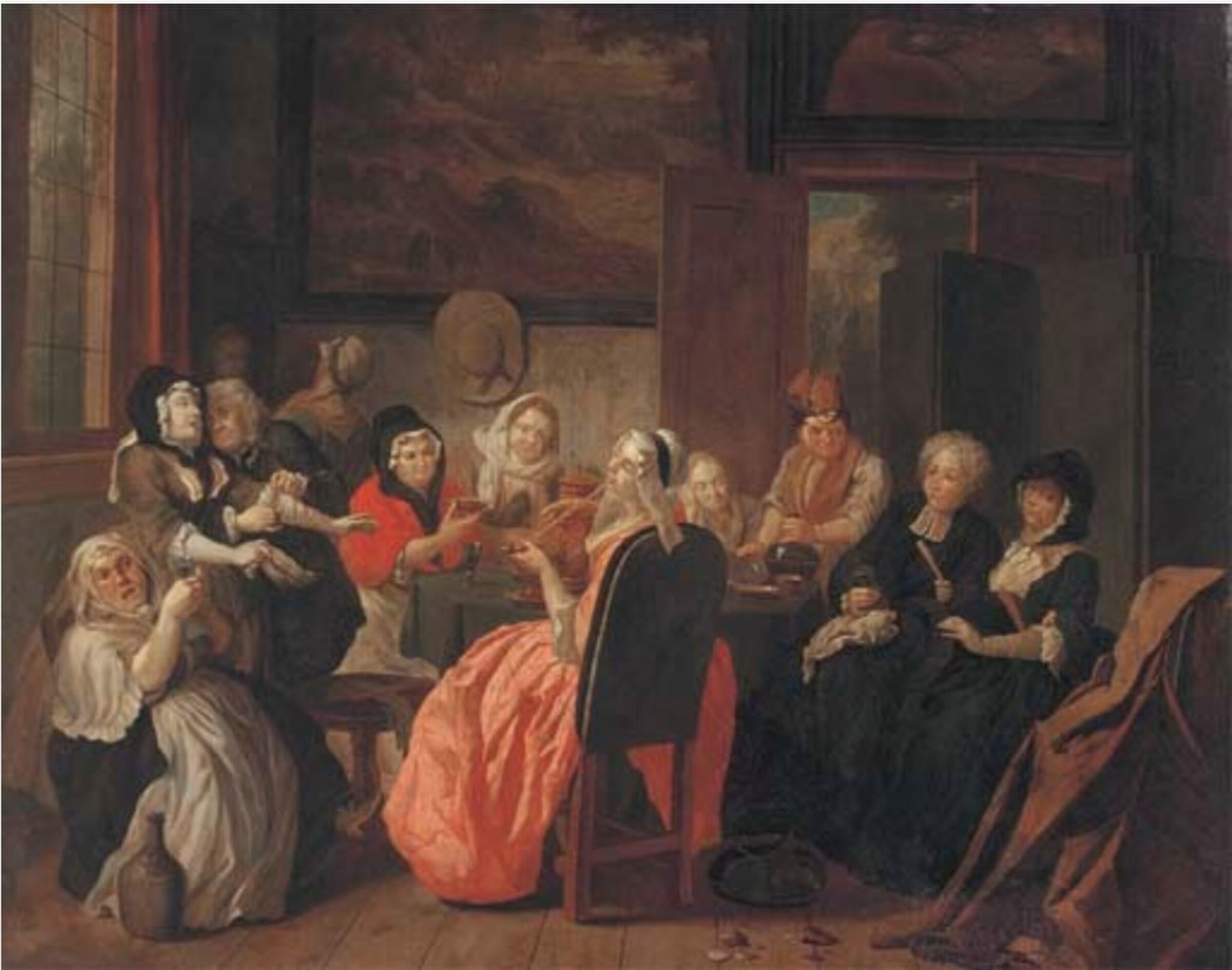 Merry company drinking and smoking in an interior by Joseph van Aken