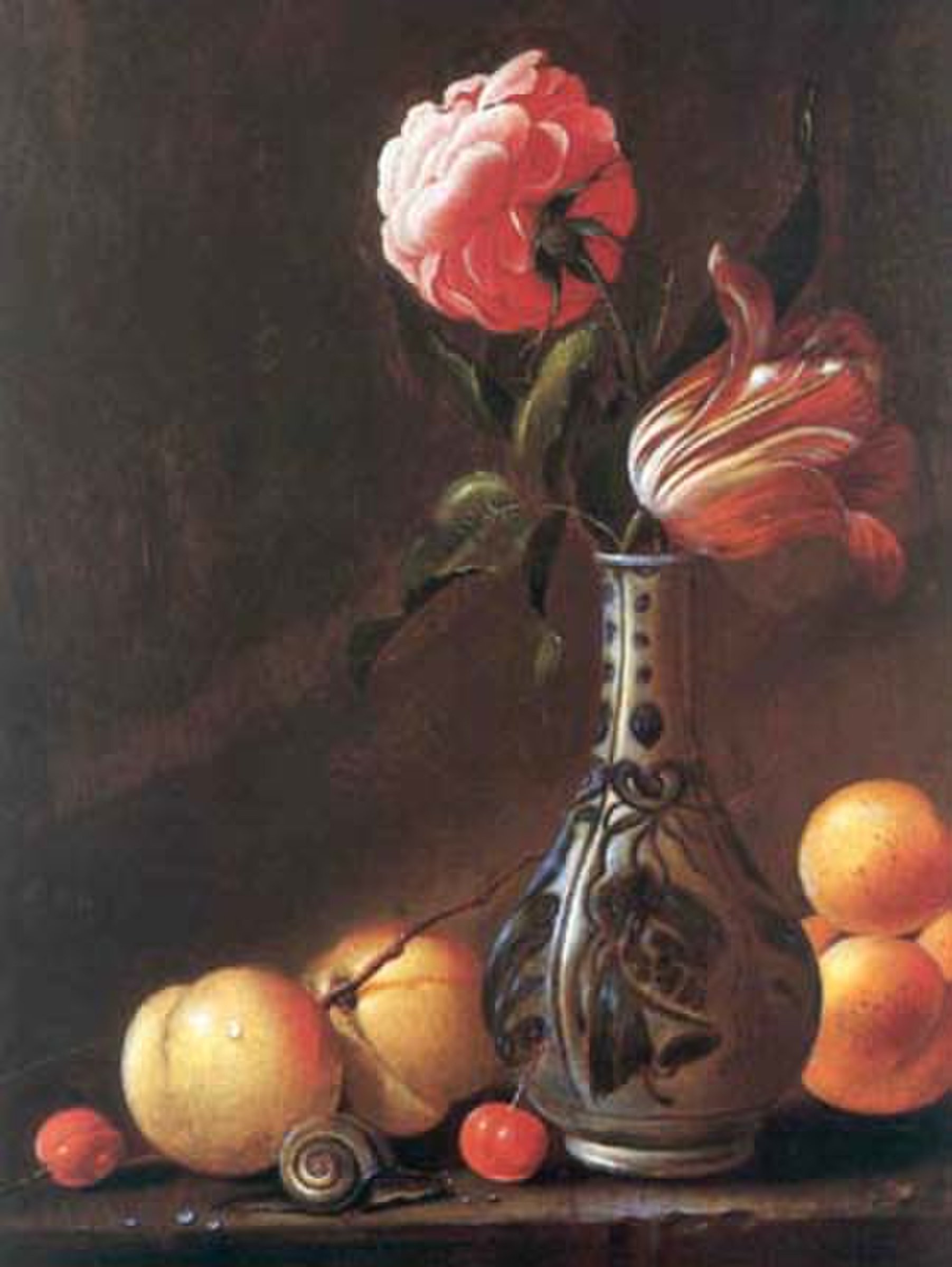 Vase with two flowers and fruits by Evert van Aelst
