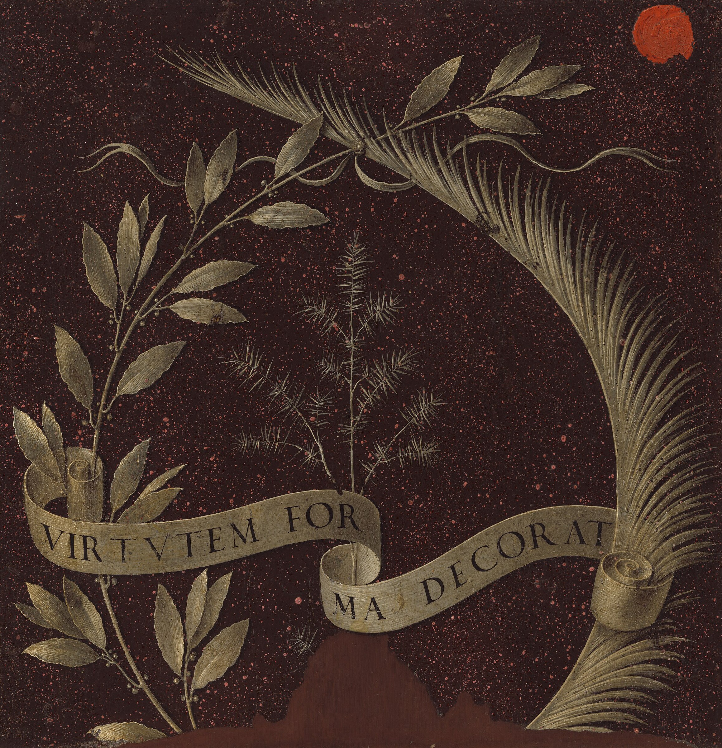Wreath of Laurel, Palm, and Juniper with a Scroll inscribed Virtutem Forma Decorat [reverse] — Leonardo da Vinci