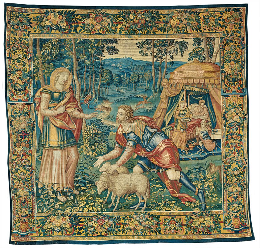 The Meeting of Jacob and Rebecca, and Isaac Blessing Jacob from The Story of Jacob by Workshop of Jan van Tieghem