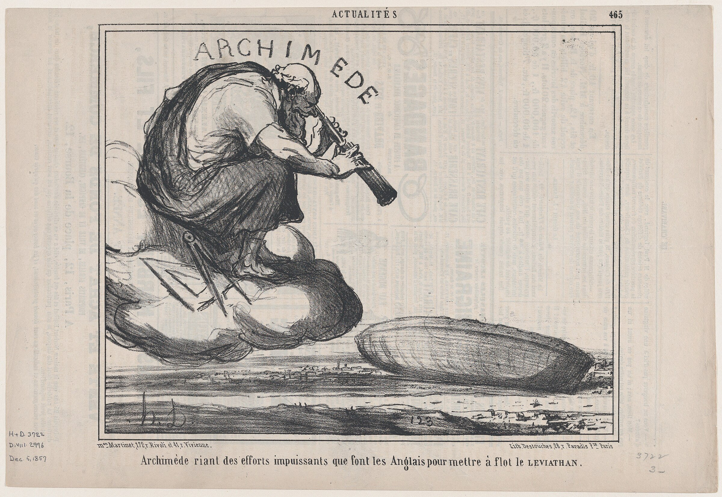 Archimède riant des efforts impuissants que font les Anglais pour mettre à flot le Leviathan, from Actualités, published in Le Charivari, December 5, 1857 by Honoré Daumier