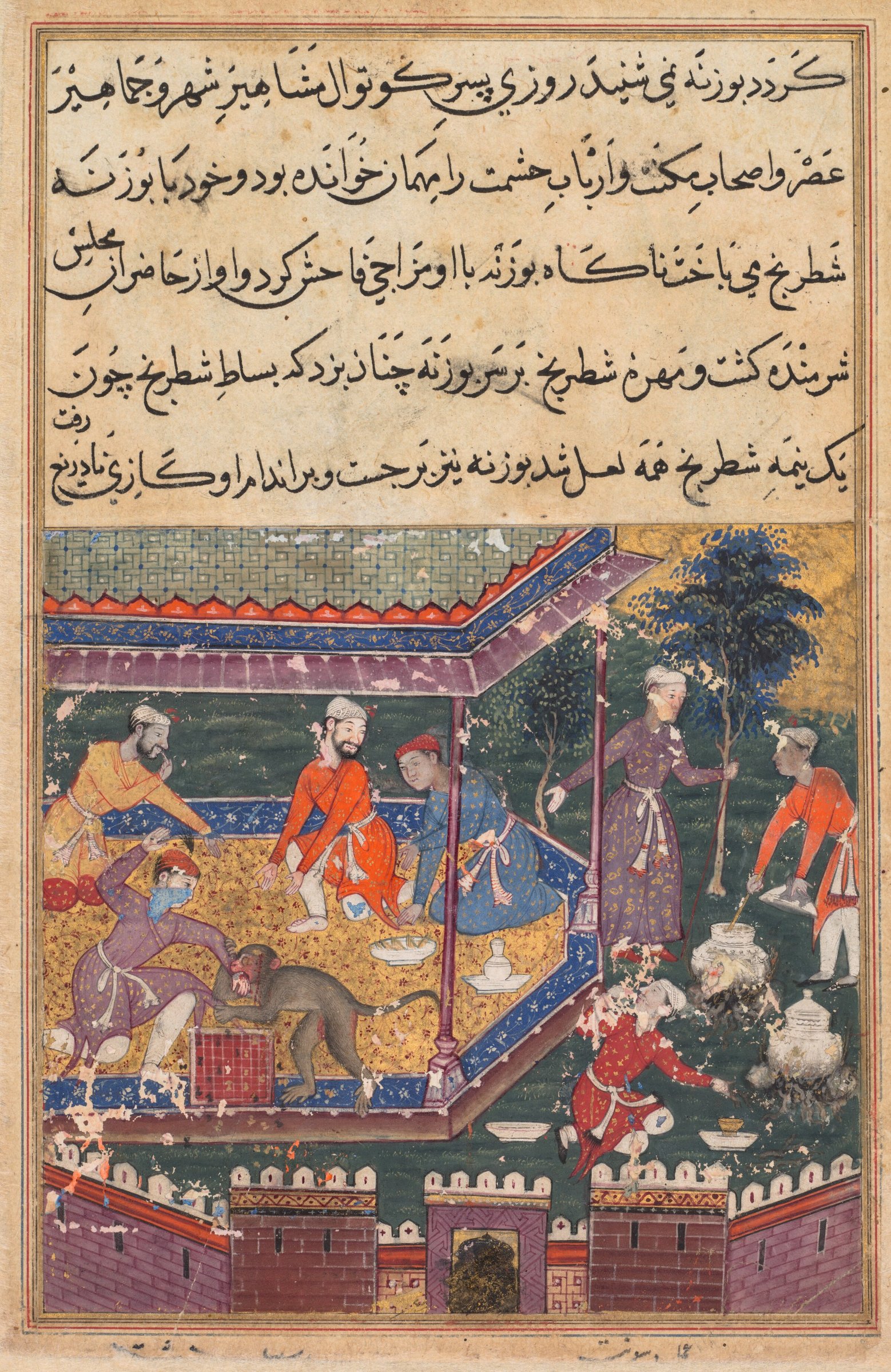 The wounded monkey bites the hand of the prince, his chessmate, in the presence of guests, from a Tuti-nama (Tales of a Parrot): Fifth Night — 1560