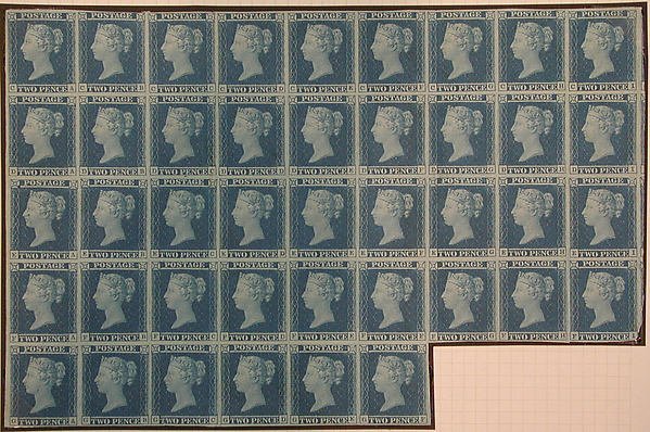 Unused block of forty-two "Two Penny Blue" postage stamps of Queen Victoria by William Wyon