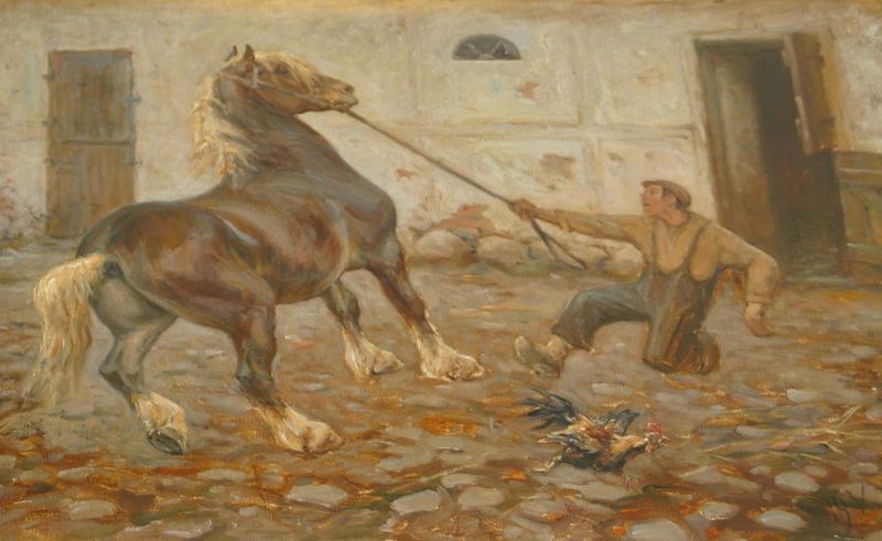 A horse startled by a rooster.