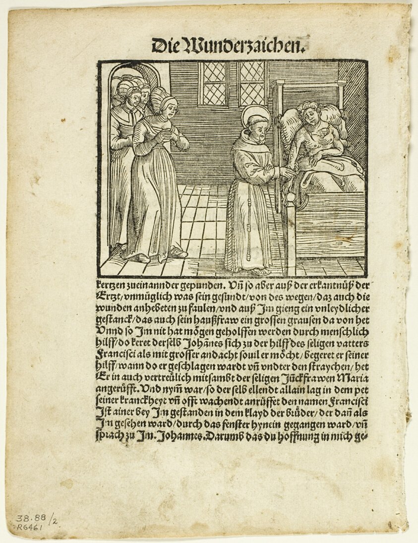 Saint Francis Heals the Grievous Wounds of One John at Lerida, plate two from Woodcuts from Books of the XVI Century by Hieronymus Bosch