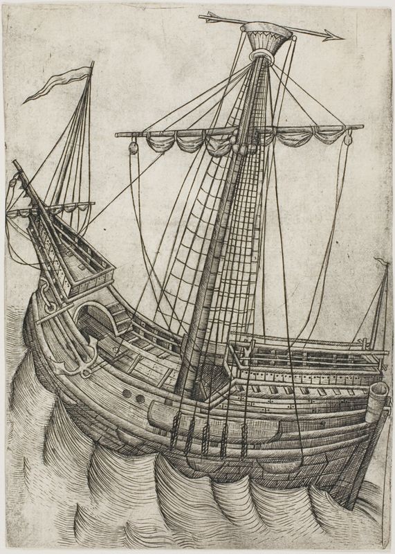 Ship with Sails Furled and Arrow Pointing to the Right