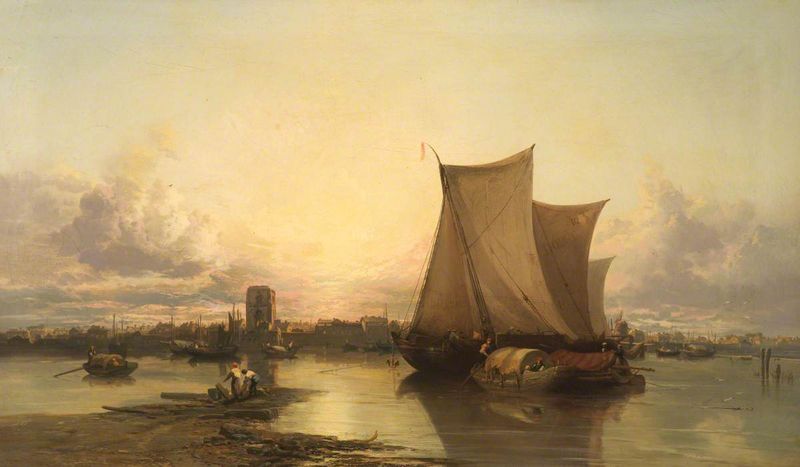 Evening Scene (Dordrecht passage boats off a Netherlands river townscape)