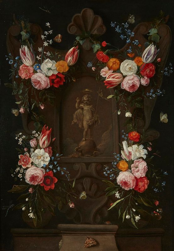 A sculpted cartouche with floral still life, with the christ child as salvator mundi
