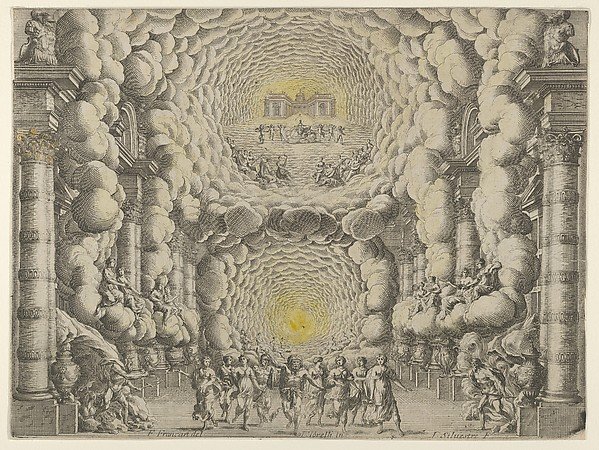 Design for a theater set created by Giacomo Torelli da Fano for the ballet 'Les Noces de Thétis', from 'Décorations et machines aprestées aux nopces de Tétis, Ballet Royal' by Israel Silvestre